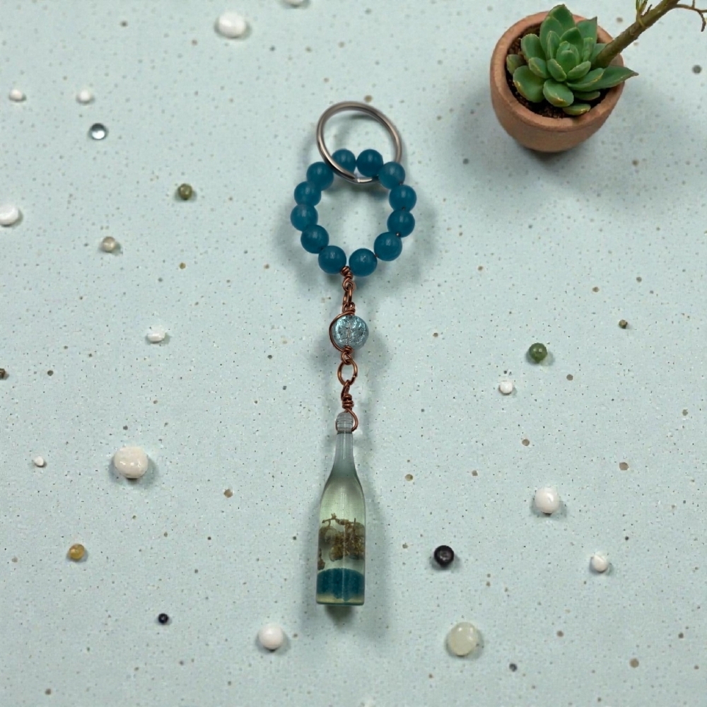 Handmade Teal Beaded Mini Bottle Keychain - Picture 2 of 4